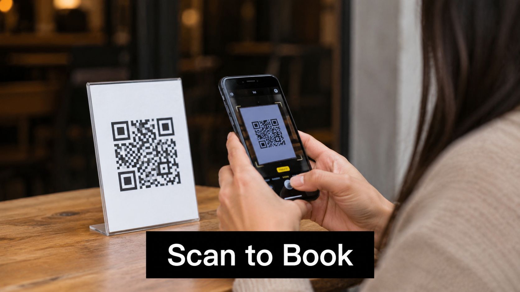 A person uses a smartphone to scan a QR code placed on a wooden table to book.