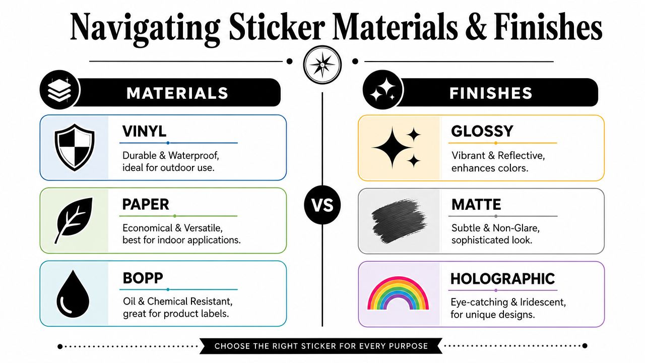 An infographic comparing various sticker materials and finishes, including vinyl, paper, BOPP, glossy, matte, and holographic.
