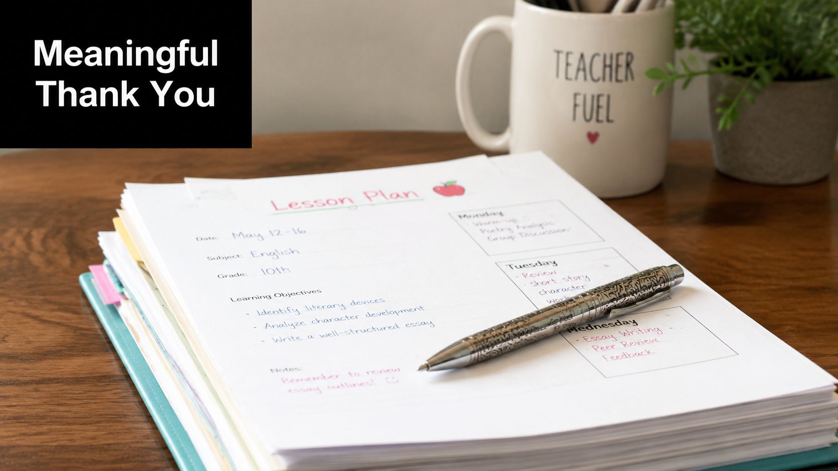 A stack of handwritten lesson plans on a desk next to an engraved pen and mug.