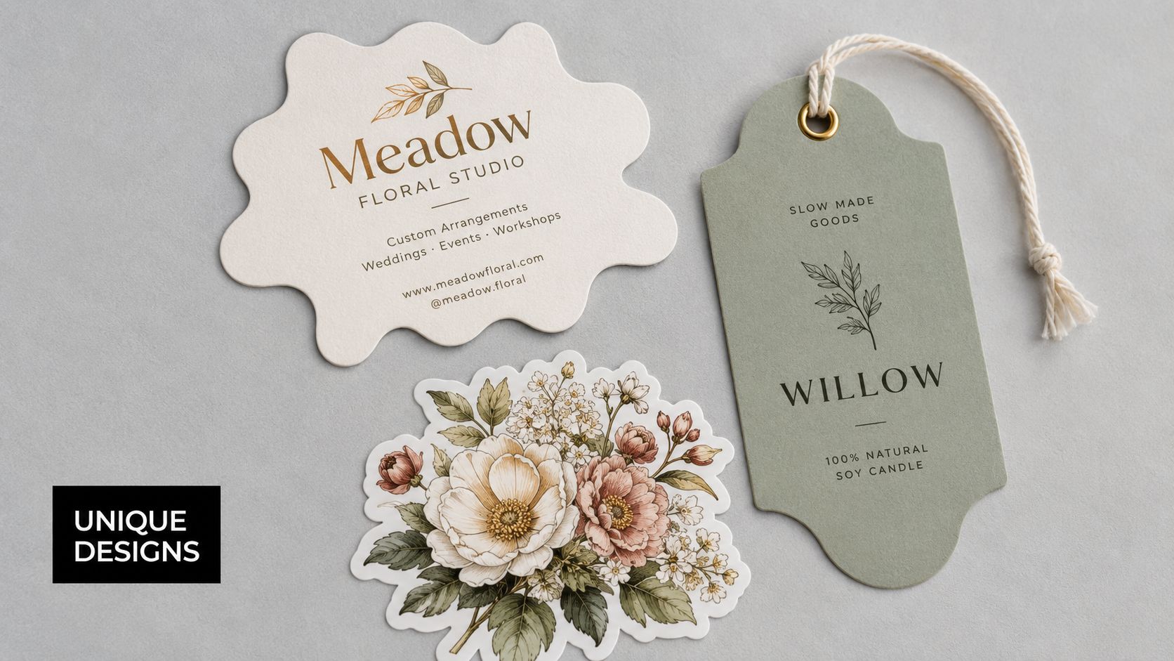 Three decorative stationery items including a floral die cut card, a bouquet sticker, and a hanging tag.