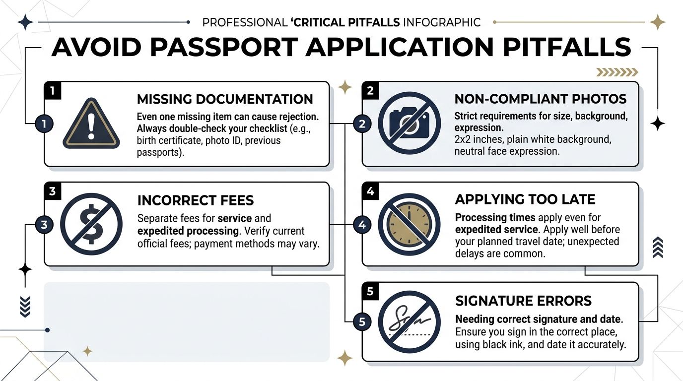 An infographic listing five common pitfalls to avoid when applying for a passport to ensure approval.