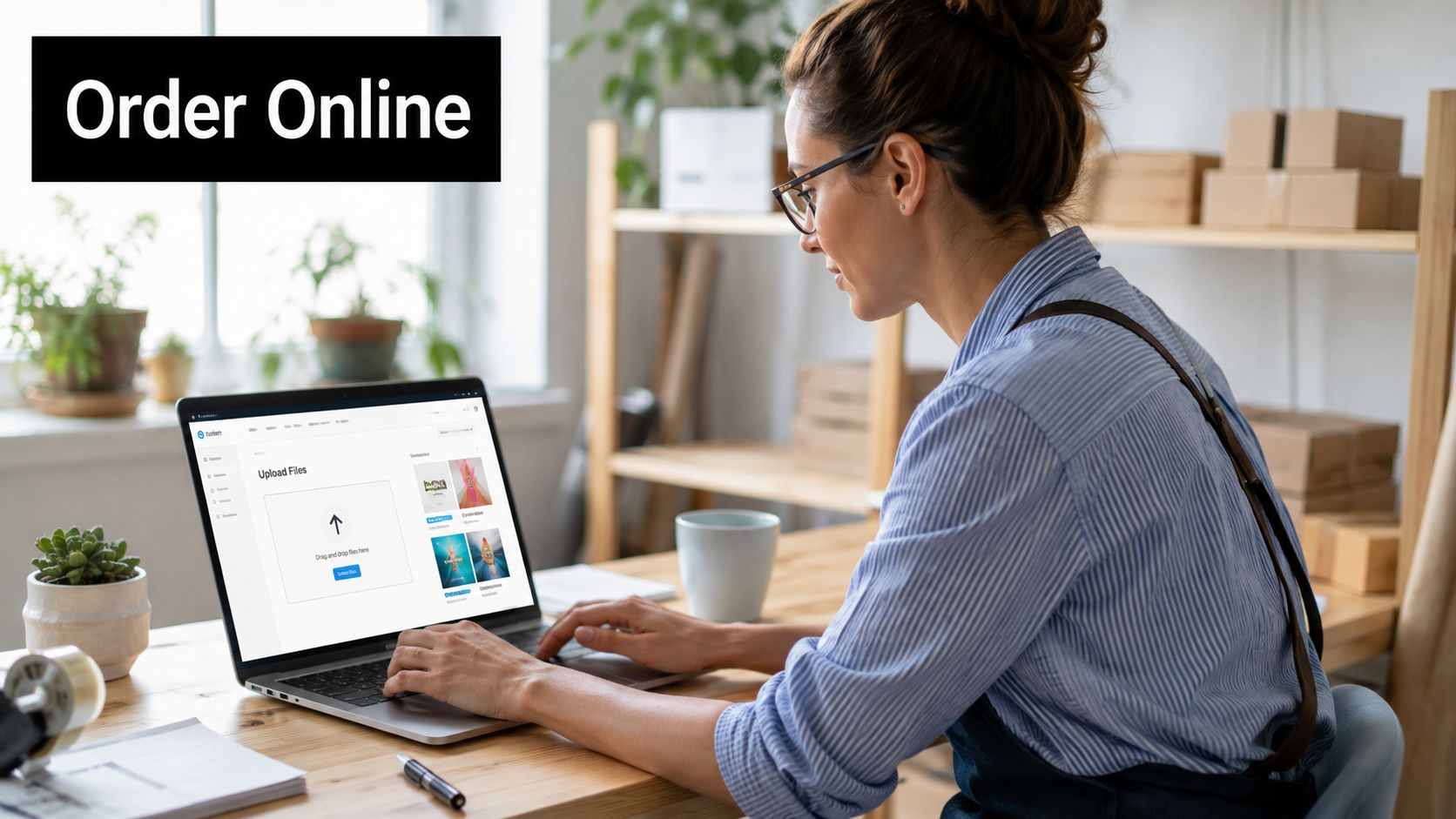 A woman working on a laptop while uploading design files to a printing service website online.