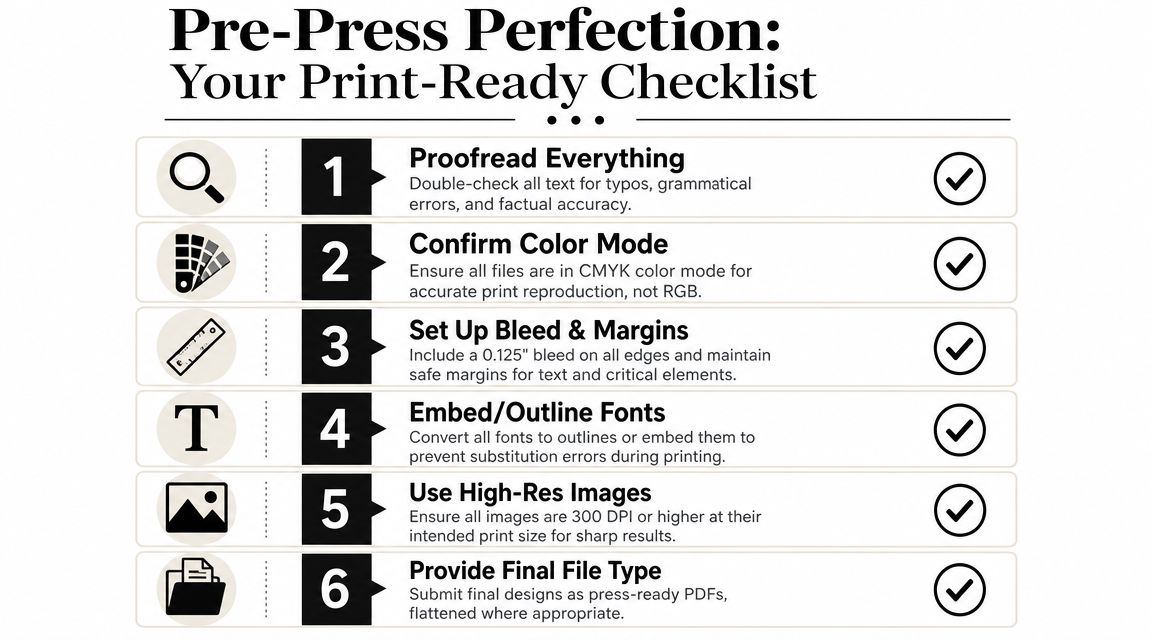 A checklist infographic titled Pre-Press Perfection outlining six essential steps for preparing files for commercial printing.