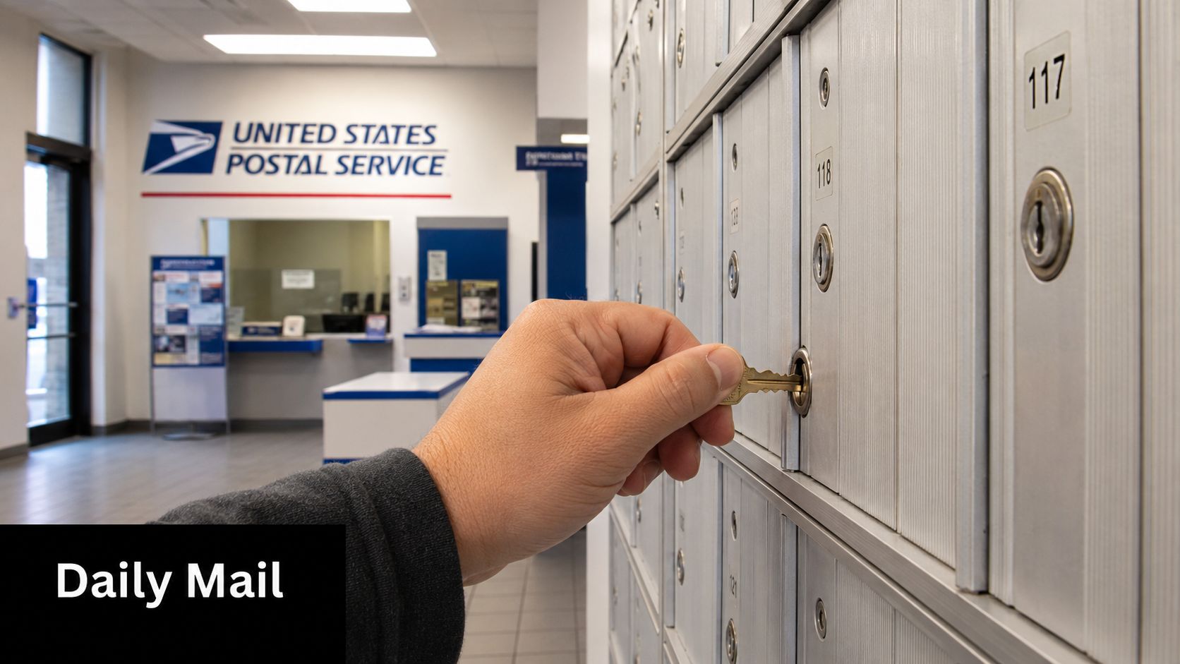 A hand using a key to open a secure post office box at a United States Postal Service facility.