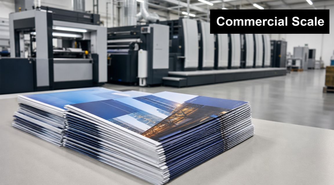 A large stack of printed brochures sits on a table in a modern professional printing facility.