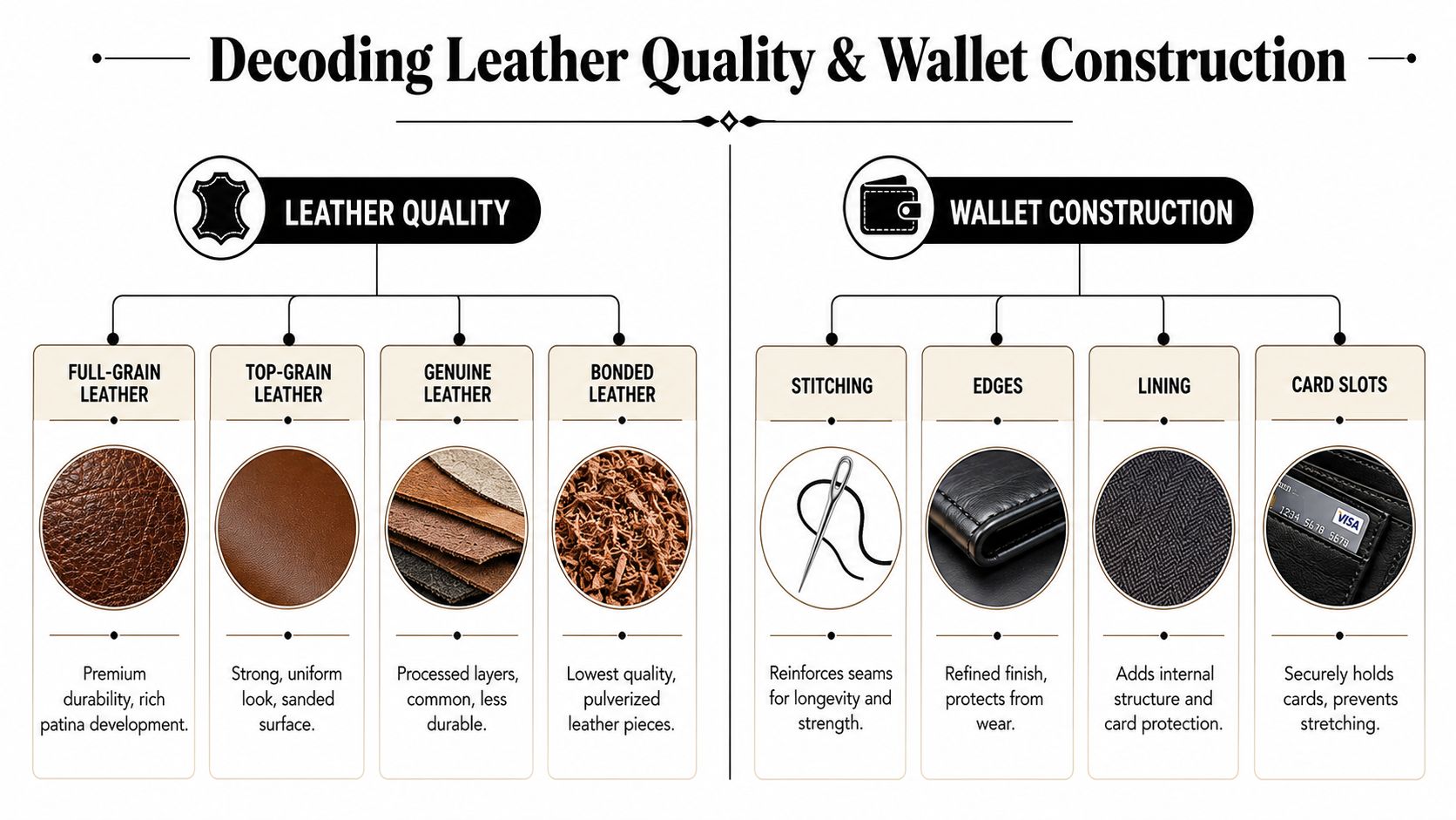 An infographic detailing different leather quality grades and key construction features to look for in men's wallets.