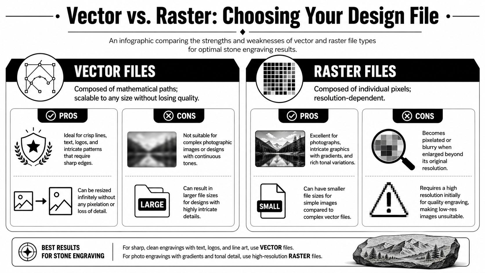 An infographic comparing vector and raster file types and their suitability for high-quality stone engraving projects.
