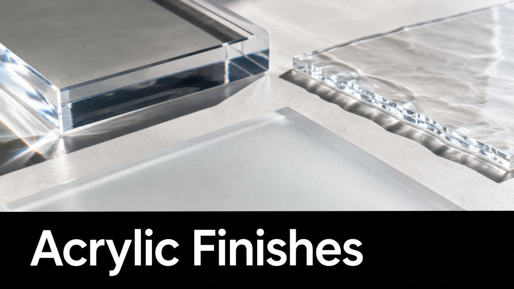 A close-up view displaying three different textures of clear acrylic material with distinct surface finishes.
