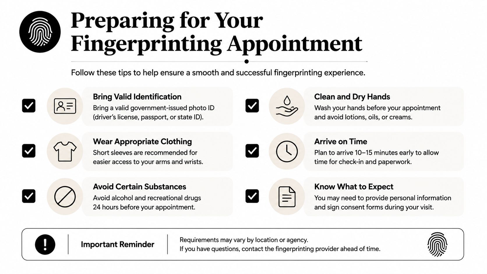 A guide listing six essential tips for preparing for a professional fingerprinting appointment, including identification and clothing advice.