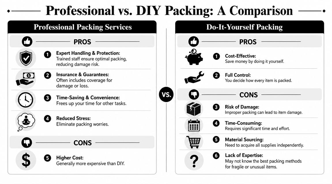 A comparison chart outlining the pros and cons of hiring professional packing services versus DIY packing methods.