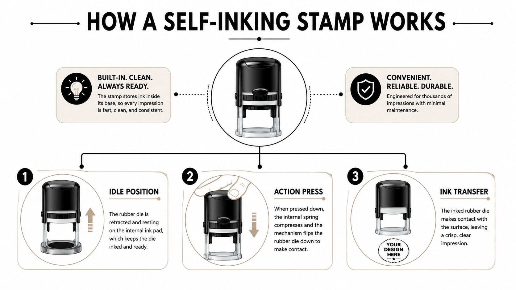 A diagram illustrating the three-step process of how a self-inking rubber stamp mechanism works.