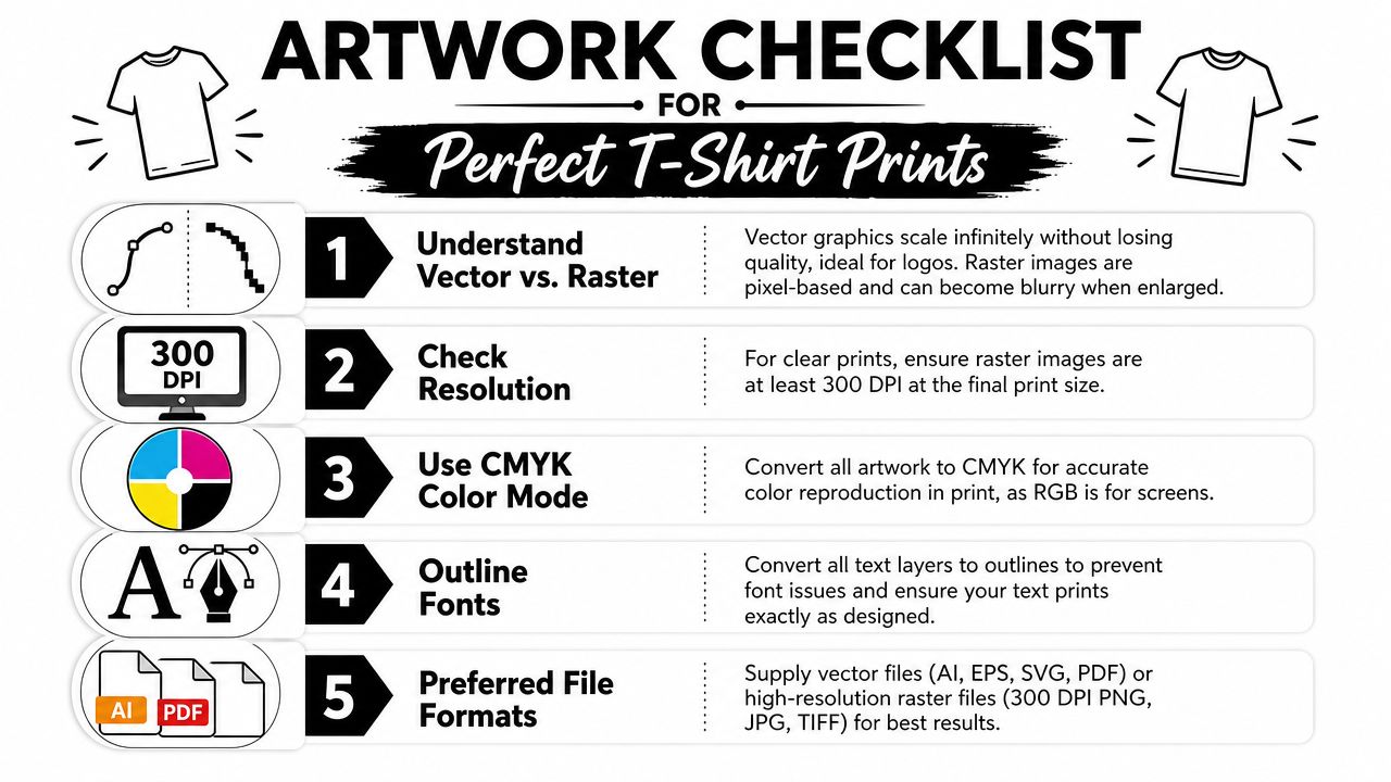 An infographic checklist for creating high quality designs for perfect professional t-shirt printing results.