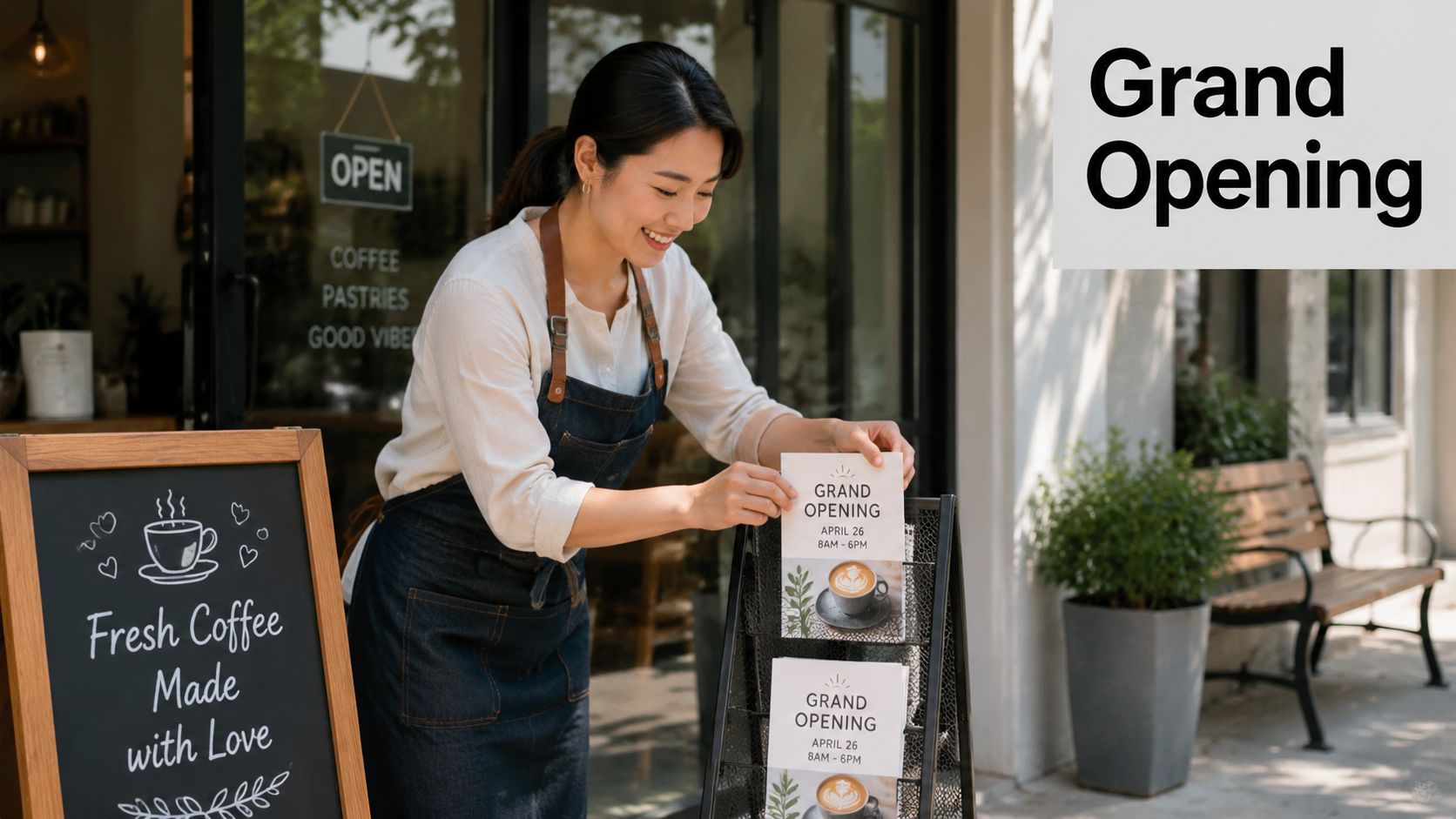 A smiling barista places a marketing flyer for a grand opening event into a display stand outside.