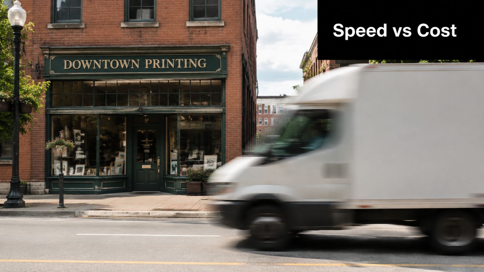 A fast-moving white delivery truck driving past a local downtown printing store on a sunny day.