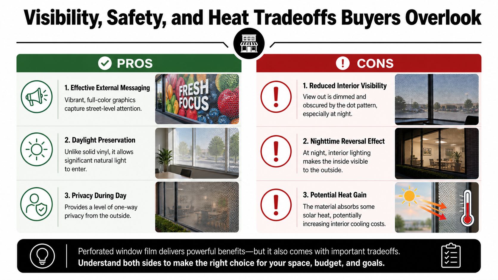 An infographic comparing the pros and cons of using perforated window film for storefront glass.