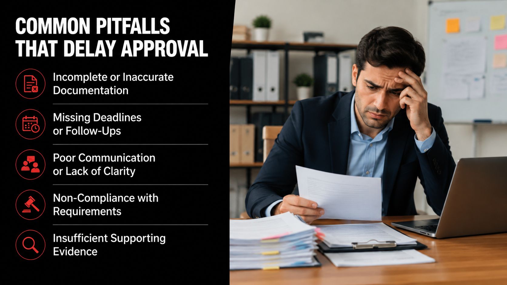 A stressed businessman reviewing documents at his desk, highlighting common administrative pitfalls that delay approval processes.
