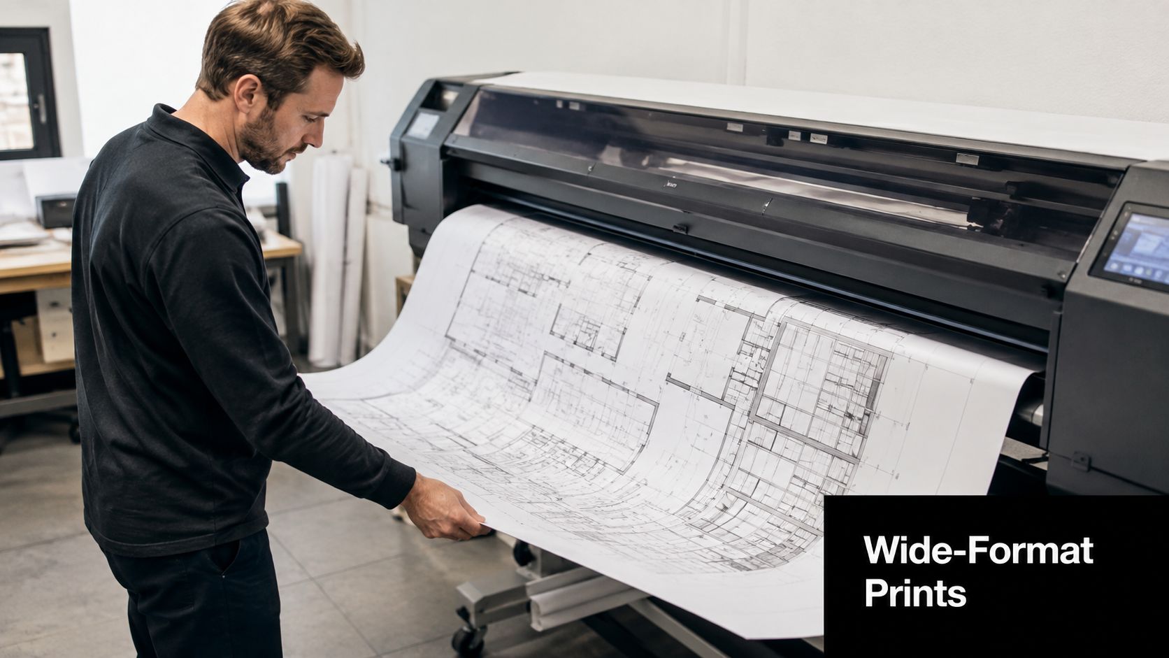 A professional man inspecting a detailed architectural blueprint coming out of a large-scale wide-format printer.