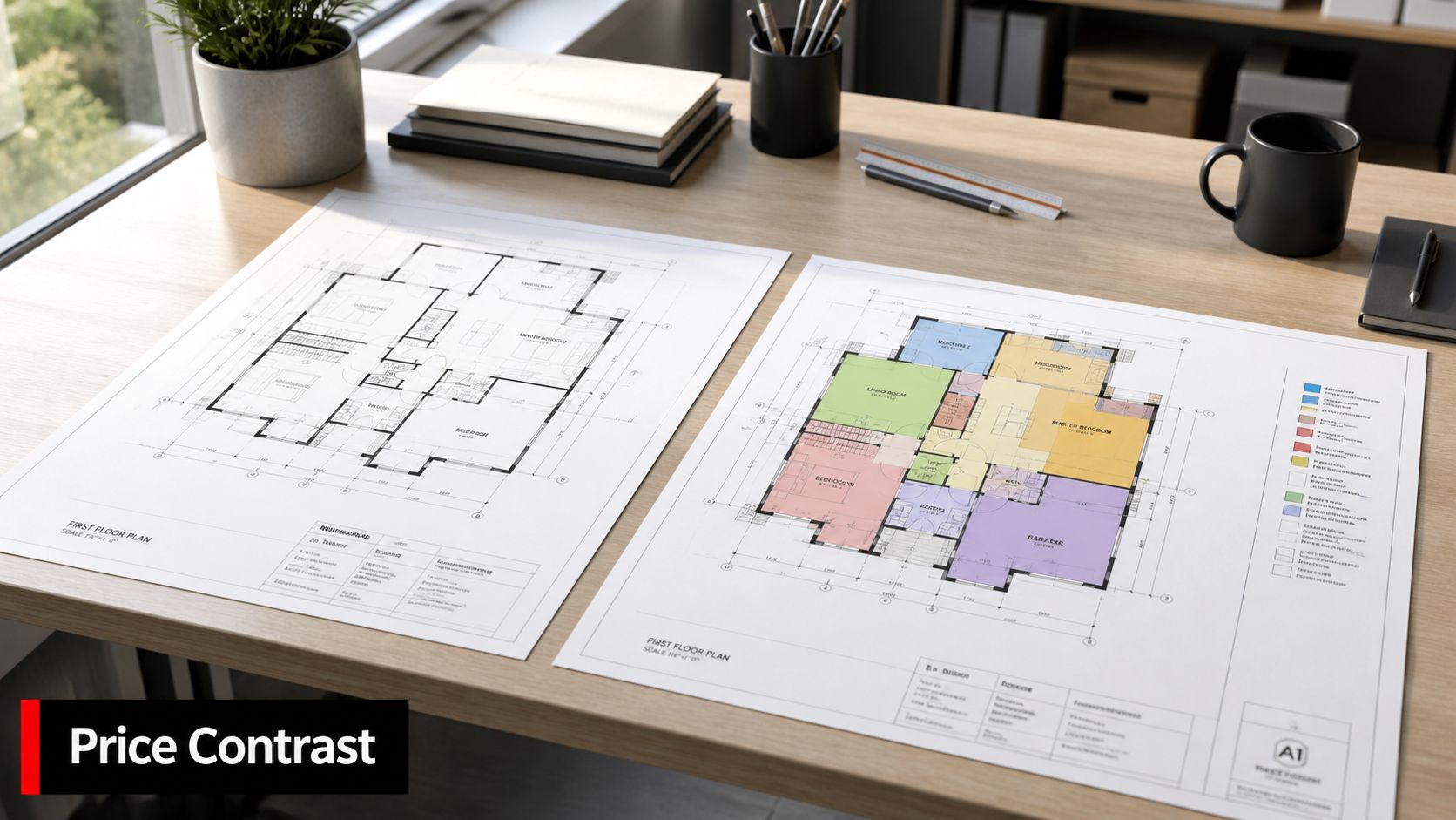 Architectural floor plan blueprints displayed on a wooden office desk next to a plant and pen.