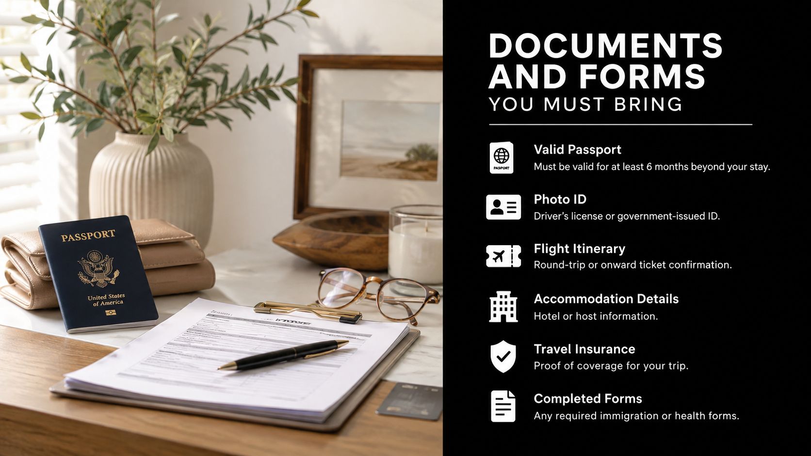 A checklist of essential travel documents displayed next to a US passport and paperwork on a desk.