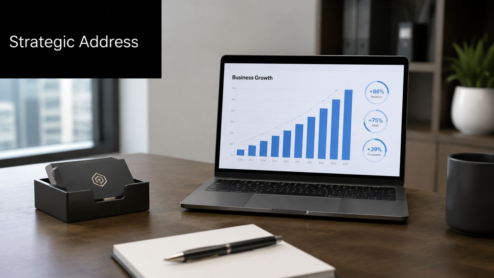 A professional office desk featuring a laptop displaying a business growth chart and business cards.