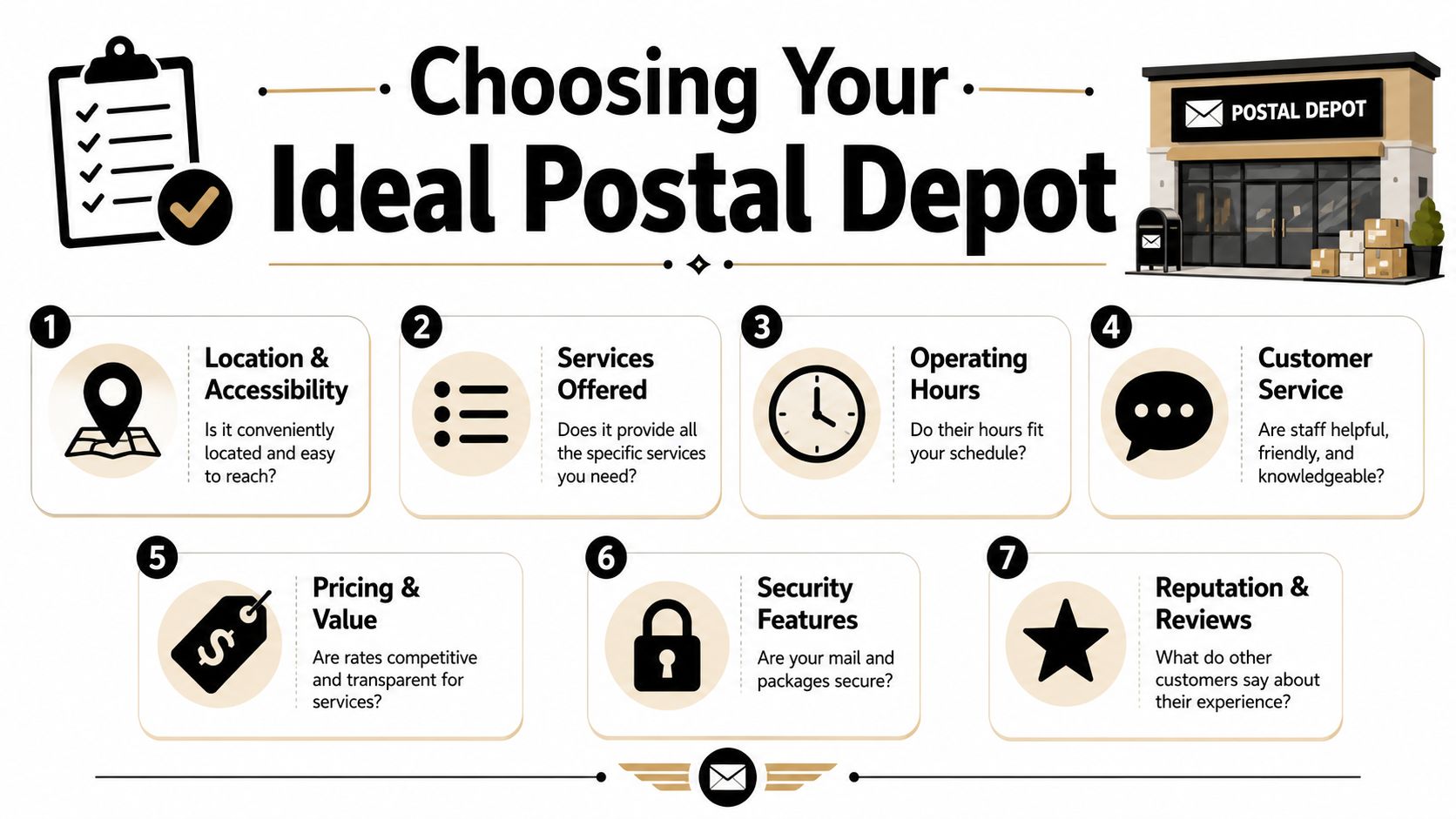 An infographic titled Choosing Your Ideal Postal Depot illustrating seven key factors for selecting a shipping facility.