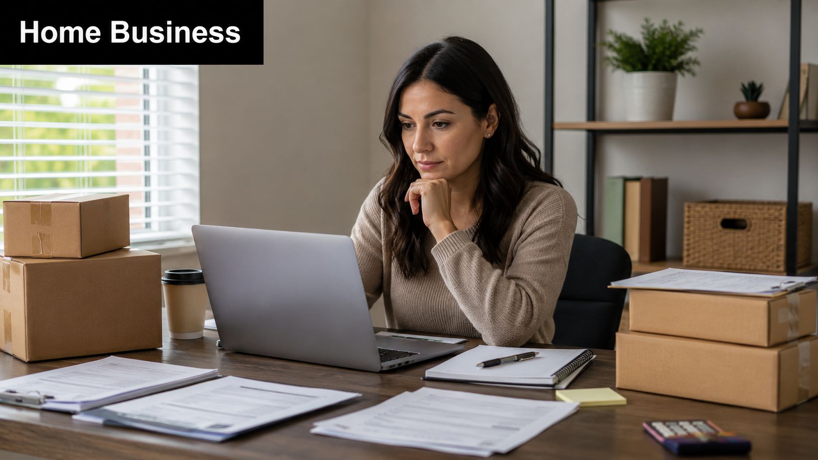 A woman working on a laptop at a desk surrounded by shipping boxes and business documents.