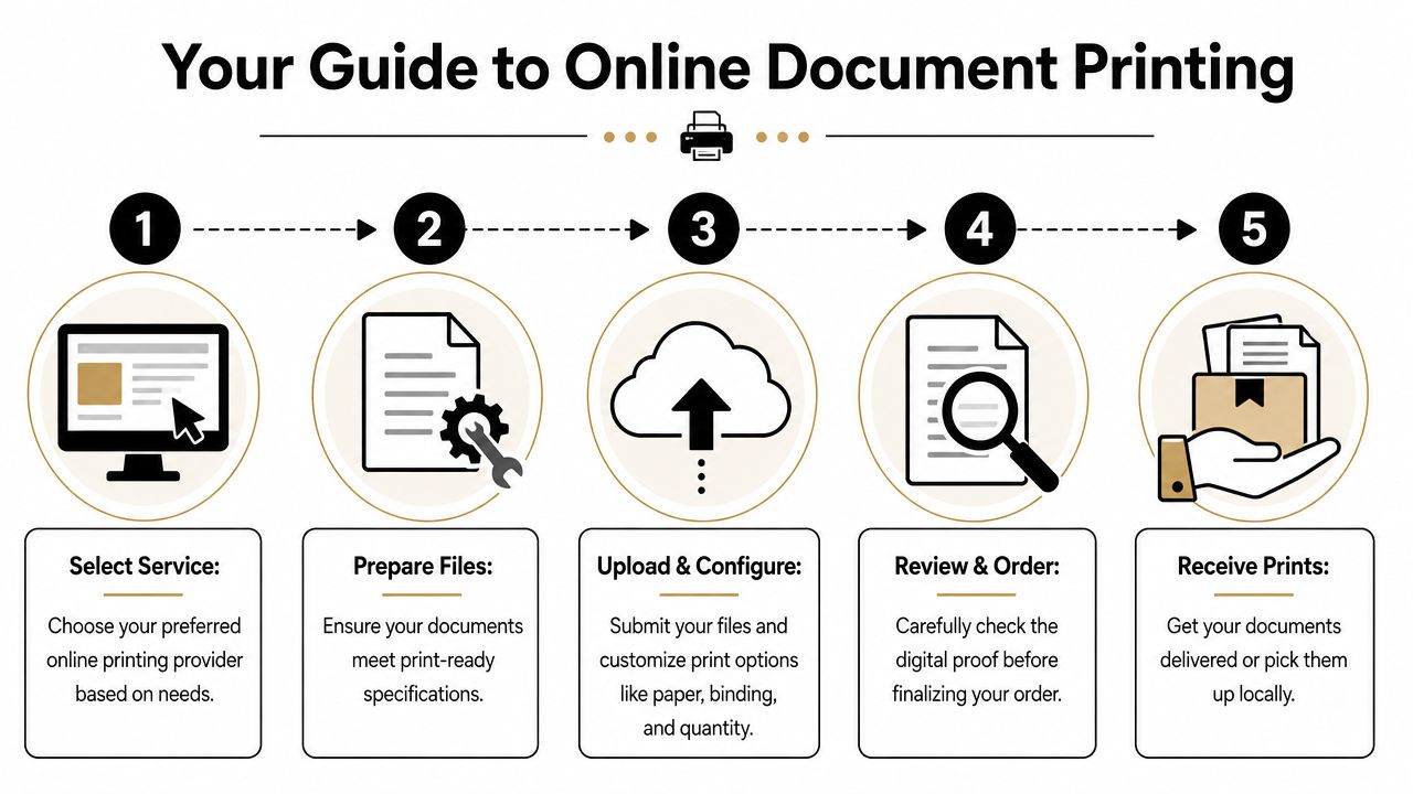 A step-by-step infographic titled Your Guide to Online Document Printing illustrating the five-stage order process.