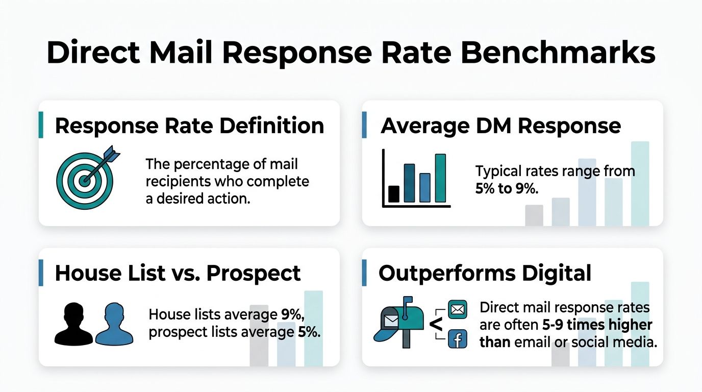 An infographic showing direct mail response rate benchmarks including definitions and performance statistics compared to digital marketing.