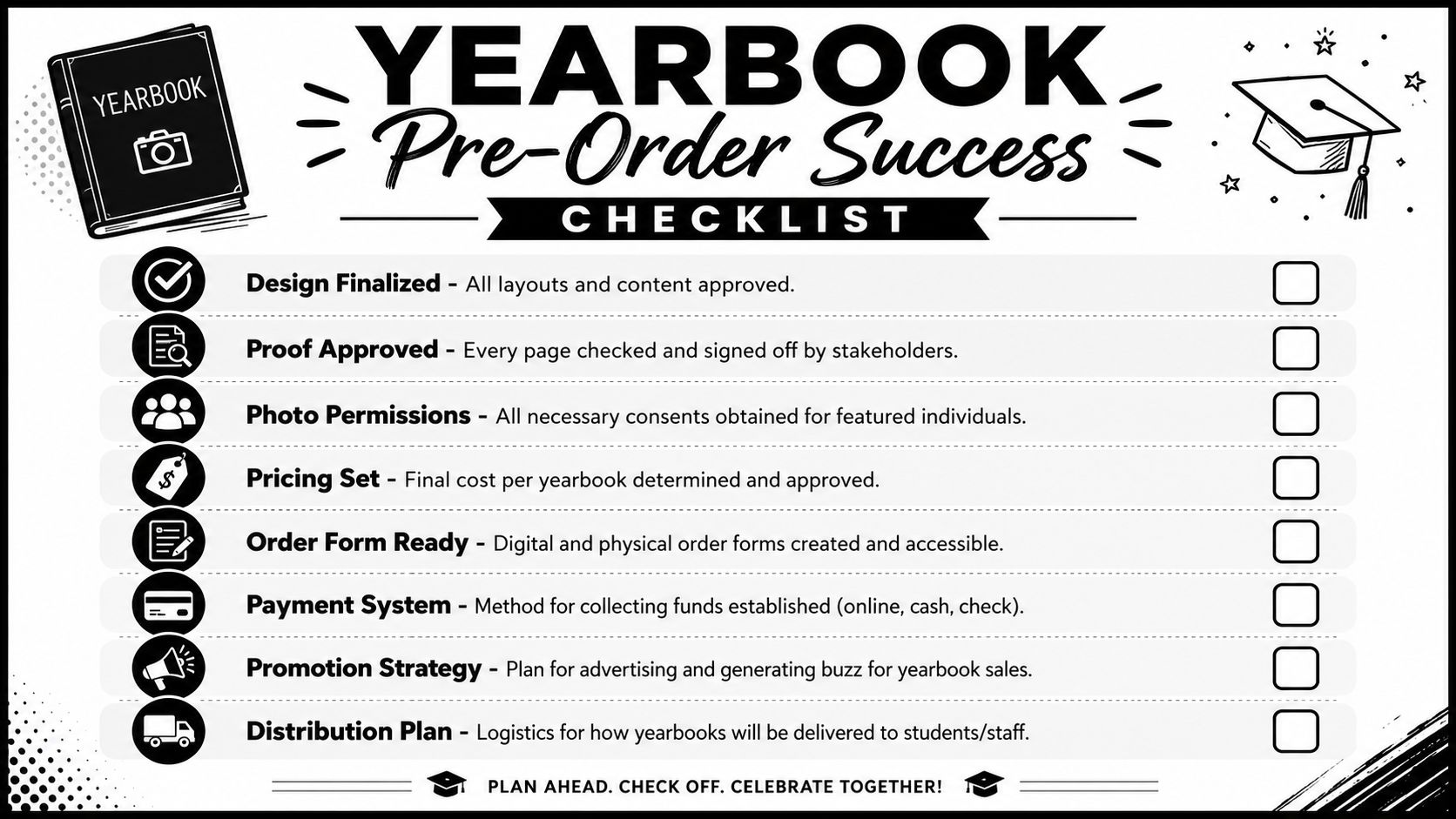 A black and white printable yearbook pre-order success checklist with icons and checkboxes for planning tasks.