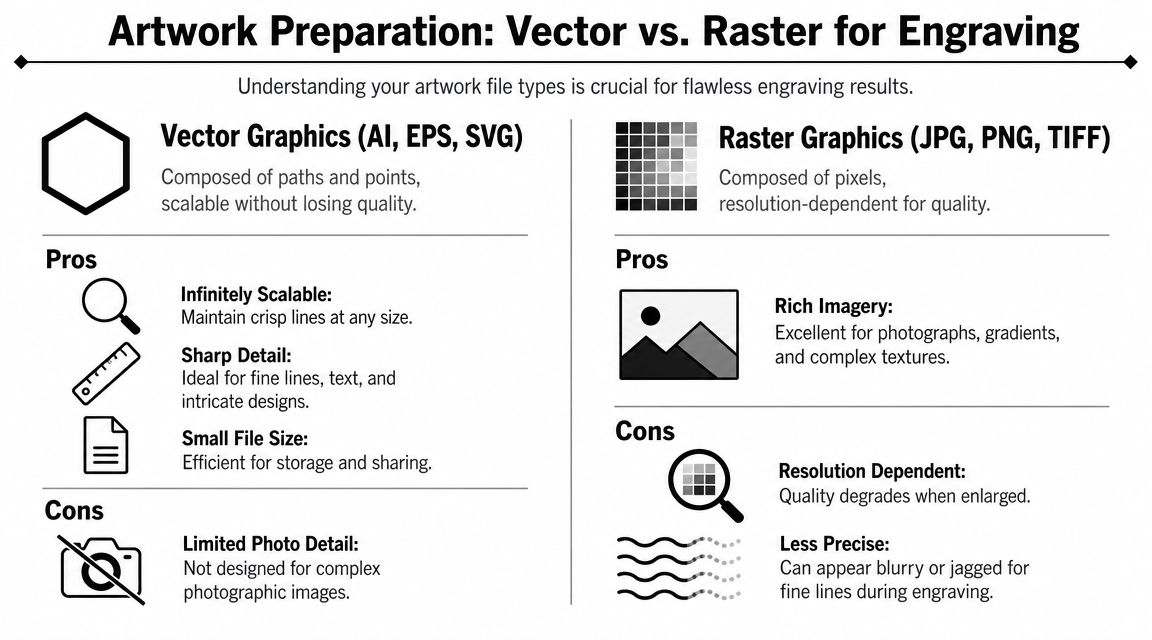 A comparison chart explaining the differences between vector and raster graphics for engraving preparation.