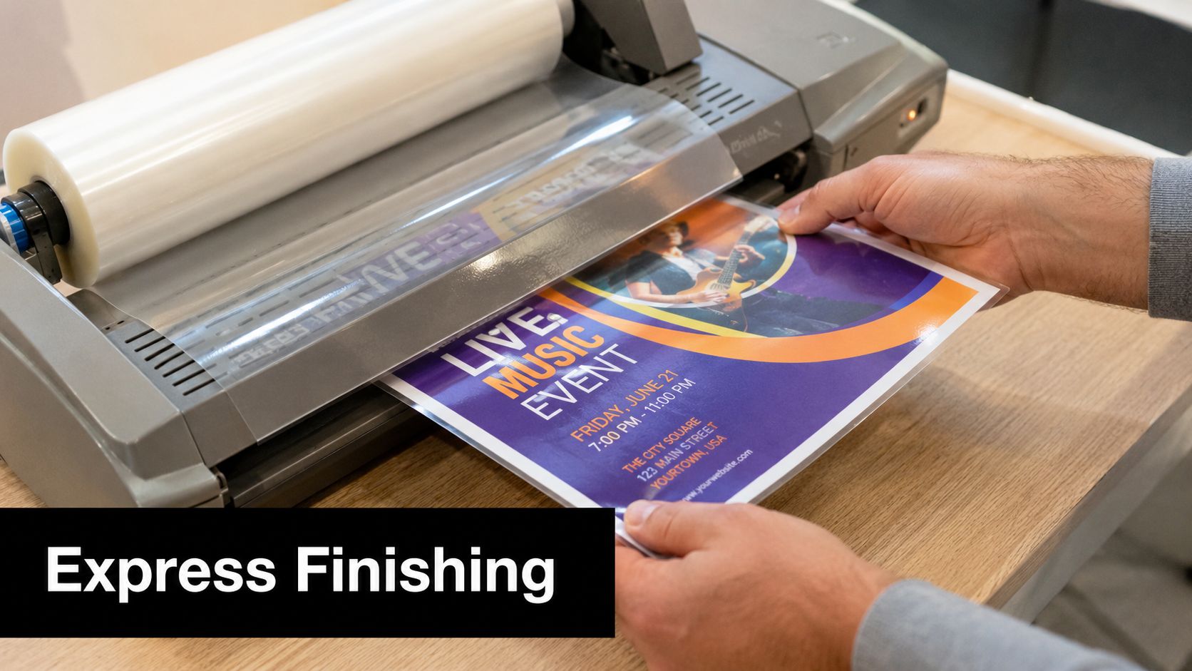A pair of hands feeding a colorful music event flyer into a laminating machine on a desk.