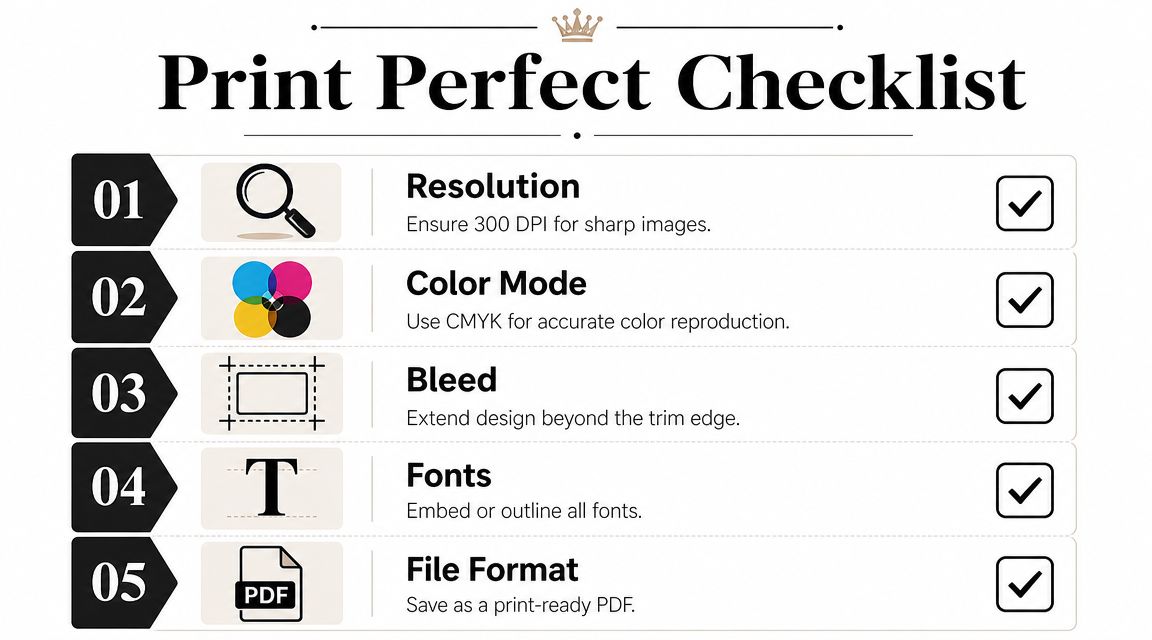 A Print Perfect Checklist infographic showing five essential steps for professional print file preparation, including resolution and formatting.