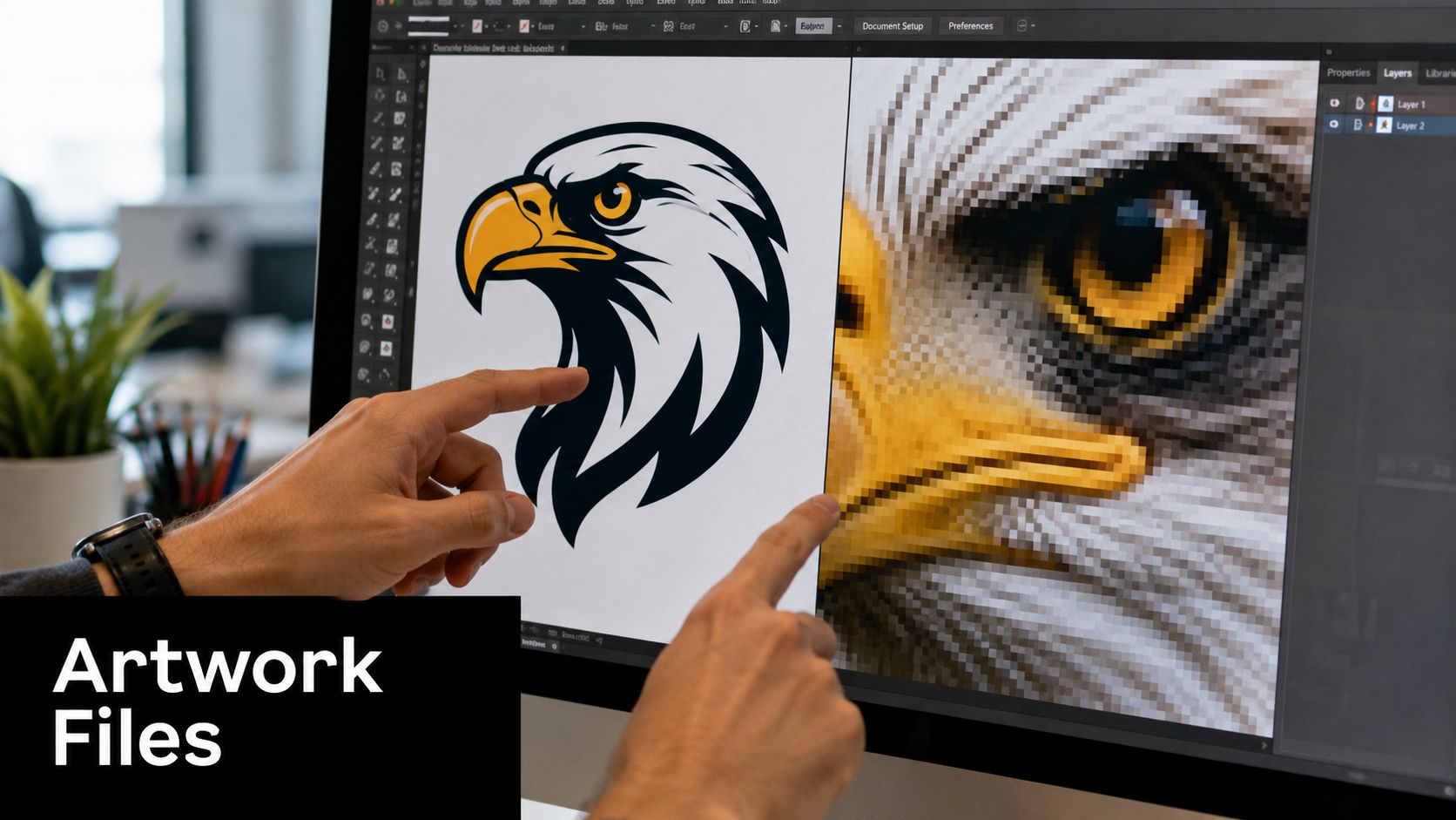 A person comparing a vector eagle logo design to a pixelated photograph on a computer screen.