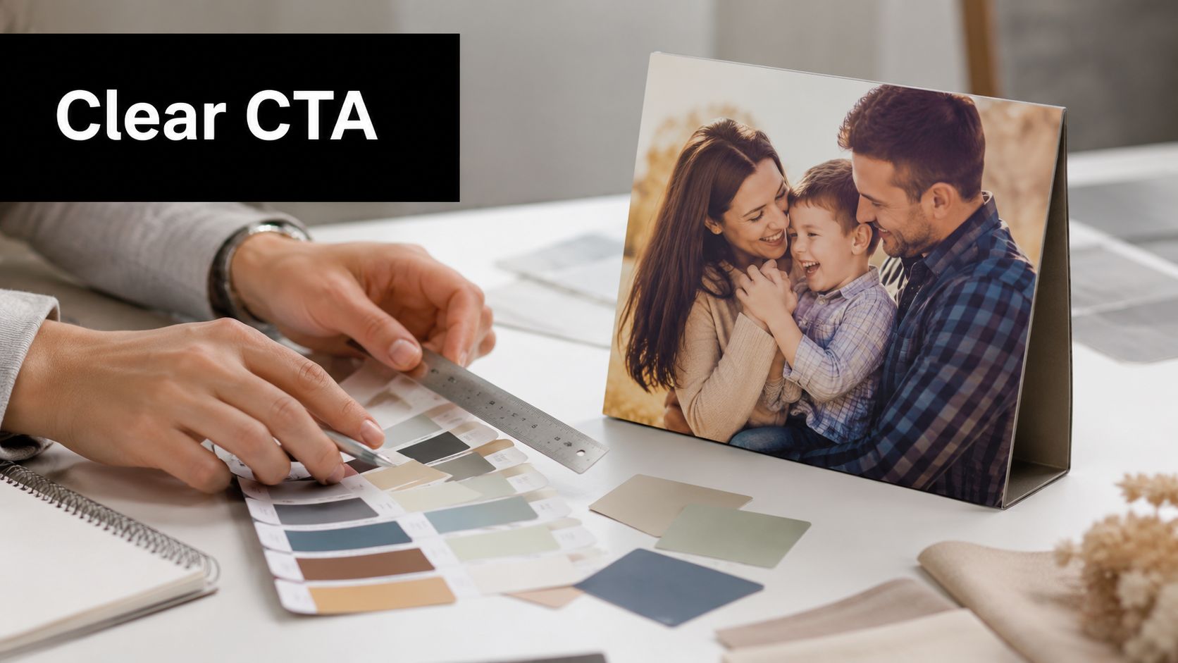 A person using a ruler to review interior design color swatches next to a desk photo frame