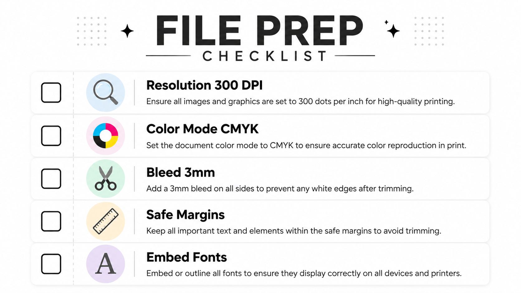 A checklist infographic titled File Prep Checklist showing essential design requirements for high-quality professional printing services.