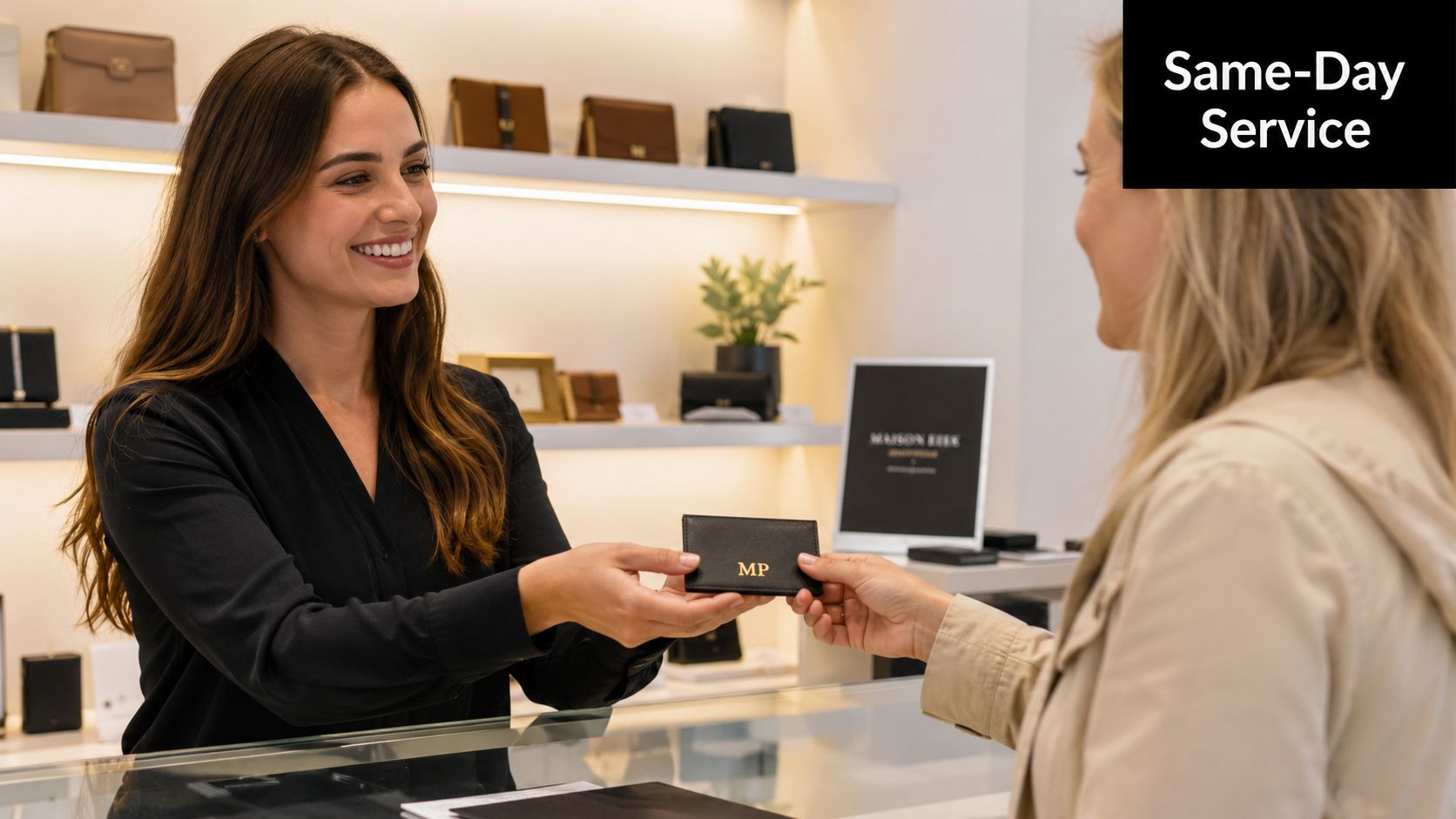 A store employee smiling while handing a personalized black card holder to a female customer.