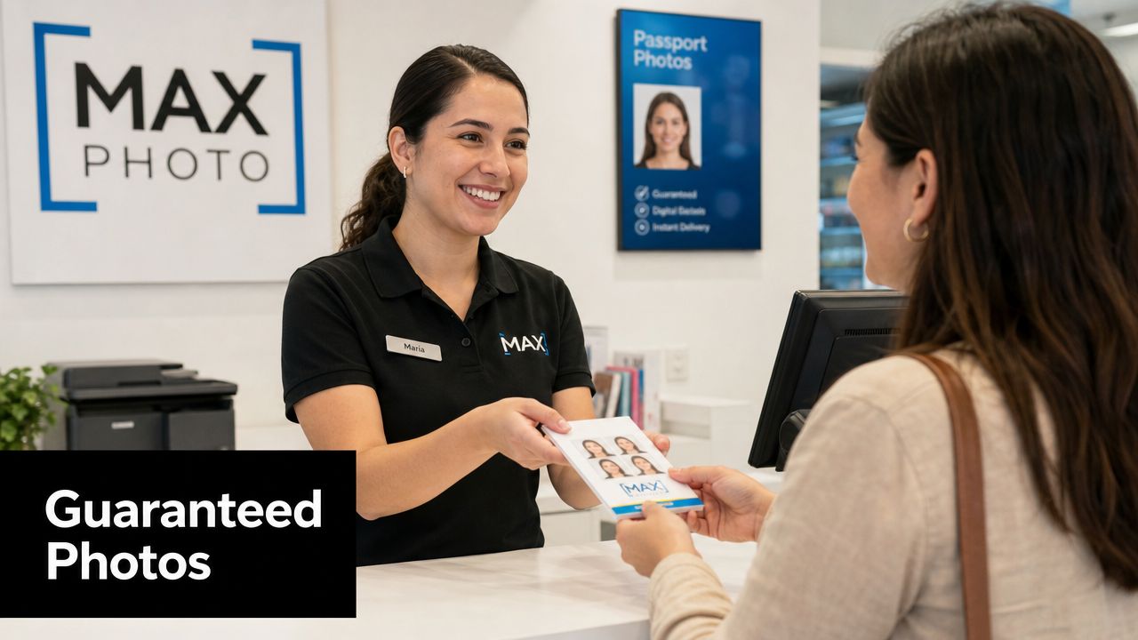 A friendly staff member at Max Photo handing a pack of passport photos to a customer.