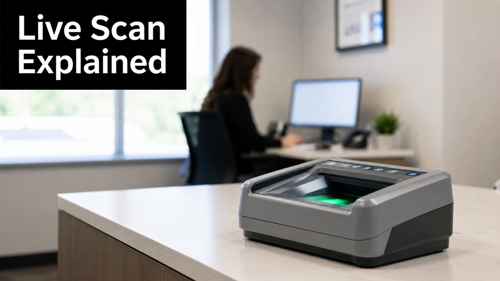 A professional biometric live scan fingerprint machine sitting on a desk in an office environment.
