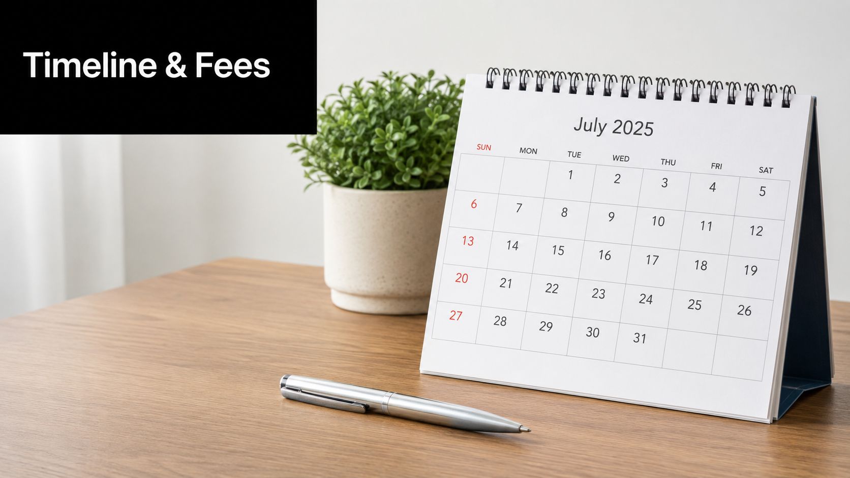 A professional desk workspace featuring a July 2025 calendar and a pen for scheduling background check appointments.
