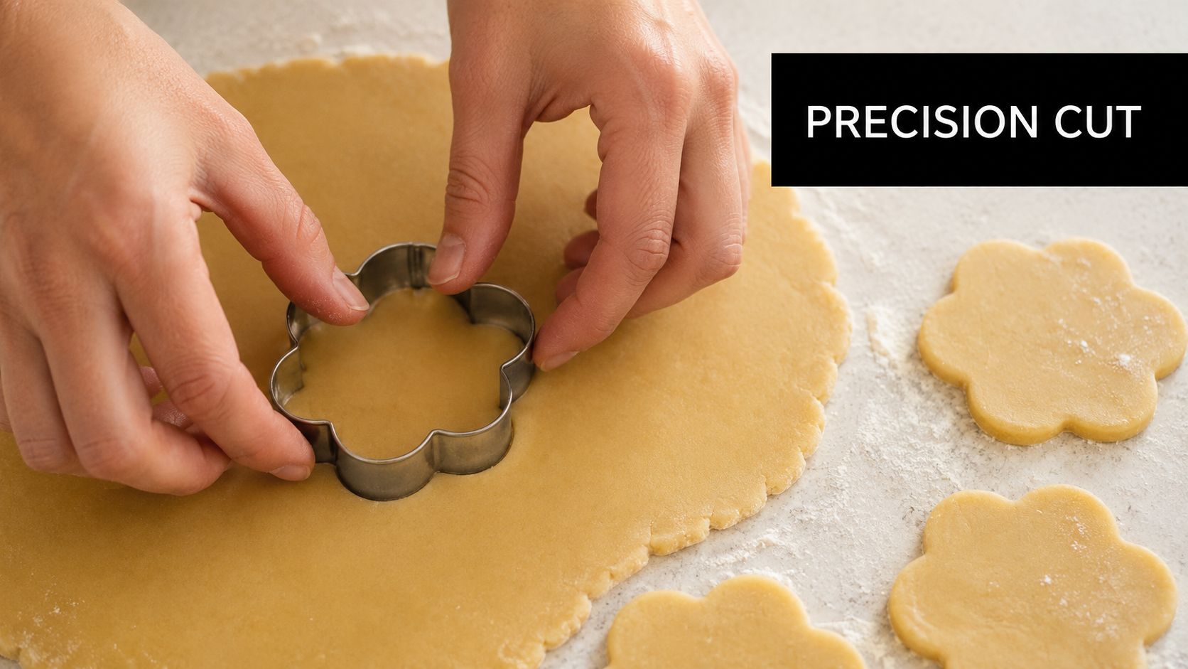 A person using a metal flower-shaped cookie cutter to make precision cuts in rolled-out dough.