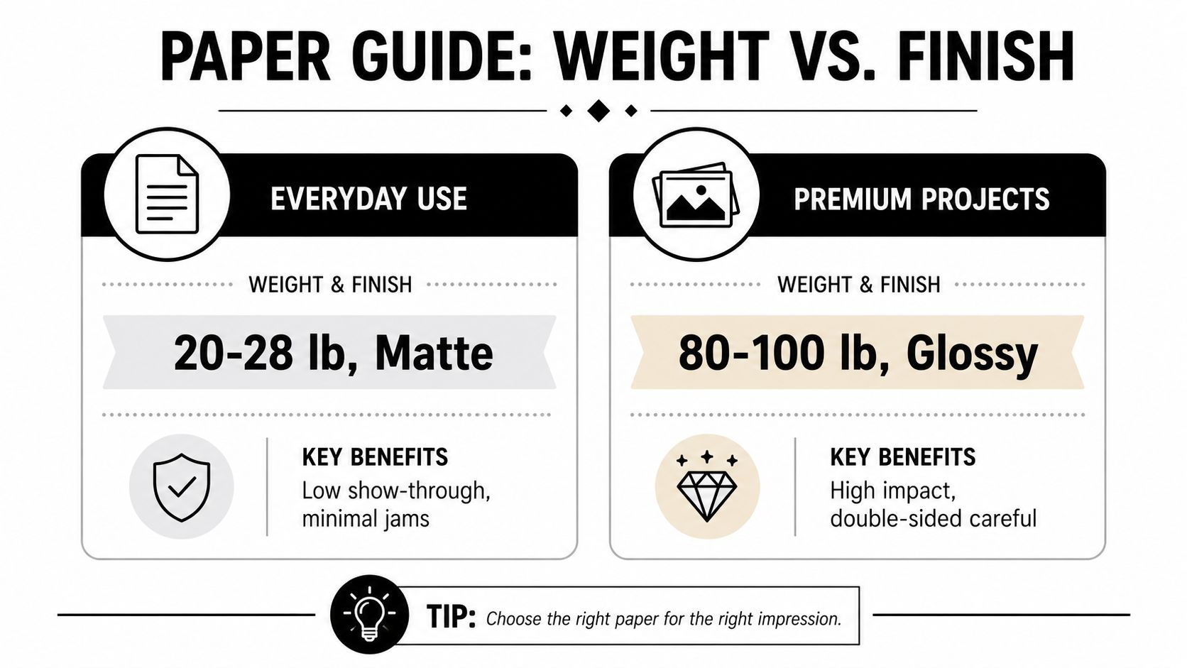 A helpful infographic comparing everyday matte printer paper versus premium glossy paper for various printing projects.