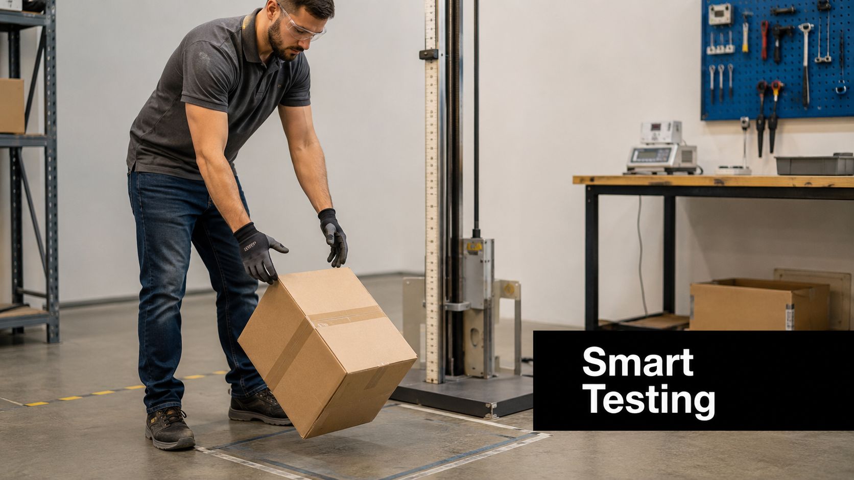 A technician performing a controlled drop test on a cardboard box in a laboratory testing facility.