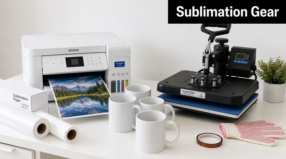 A professional setup for sublimation printing featuring an Epson printer, heat press, mugs, and sublimation paper.