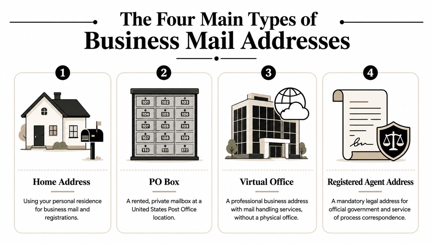 An infographic illustrating the four main types of business mail addresses for companies and entrepreneurs.