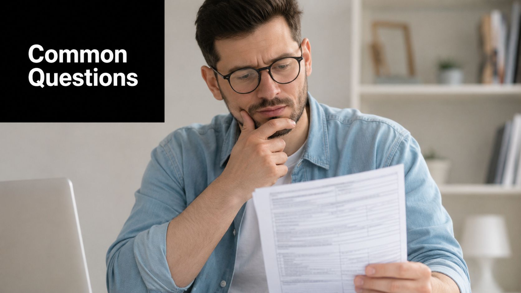 A focused man wearing glasses looks concerned while reading a document at his home office desk.