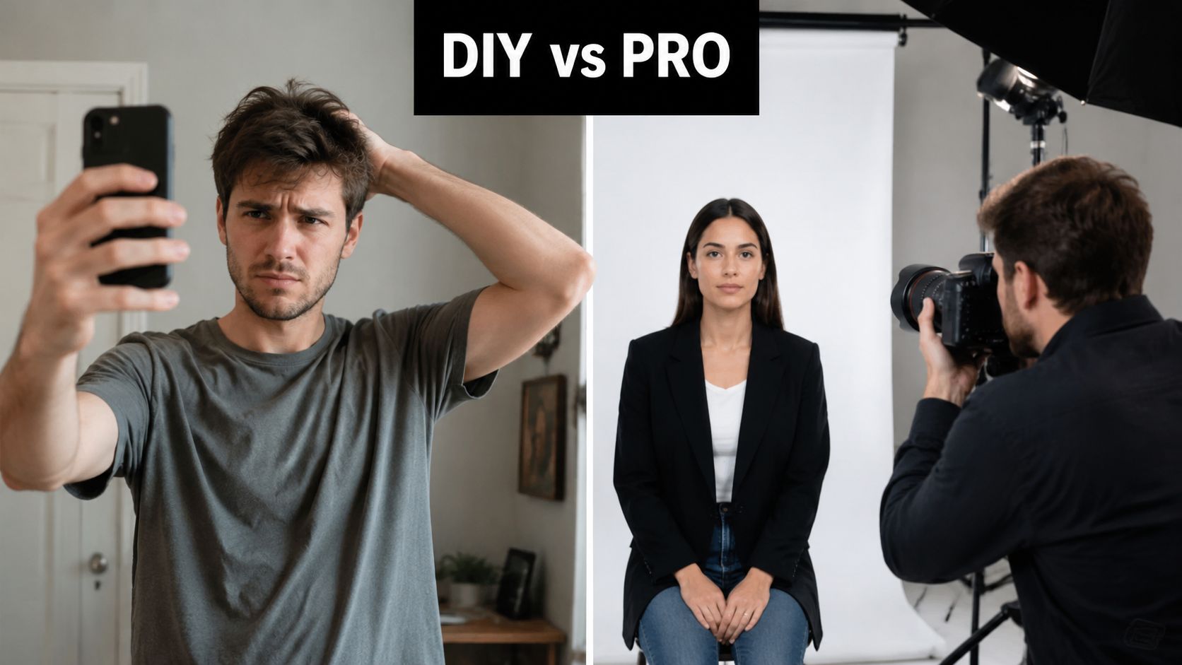 A split image comparing a man taking a DIY selfie with a woman getting a professional portrait.