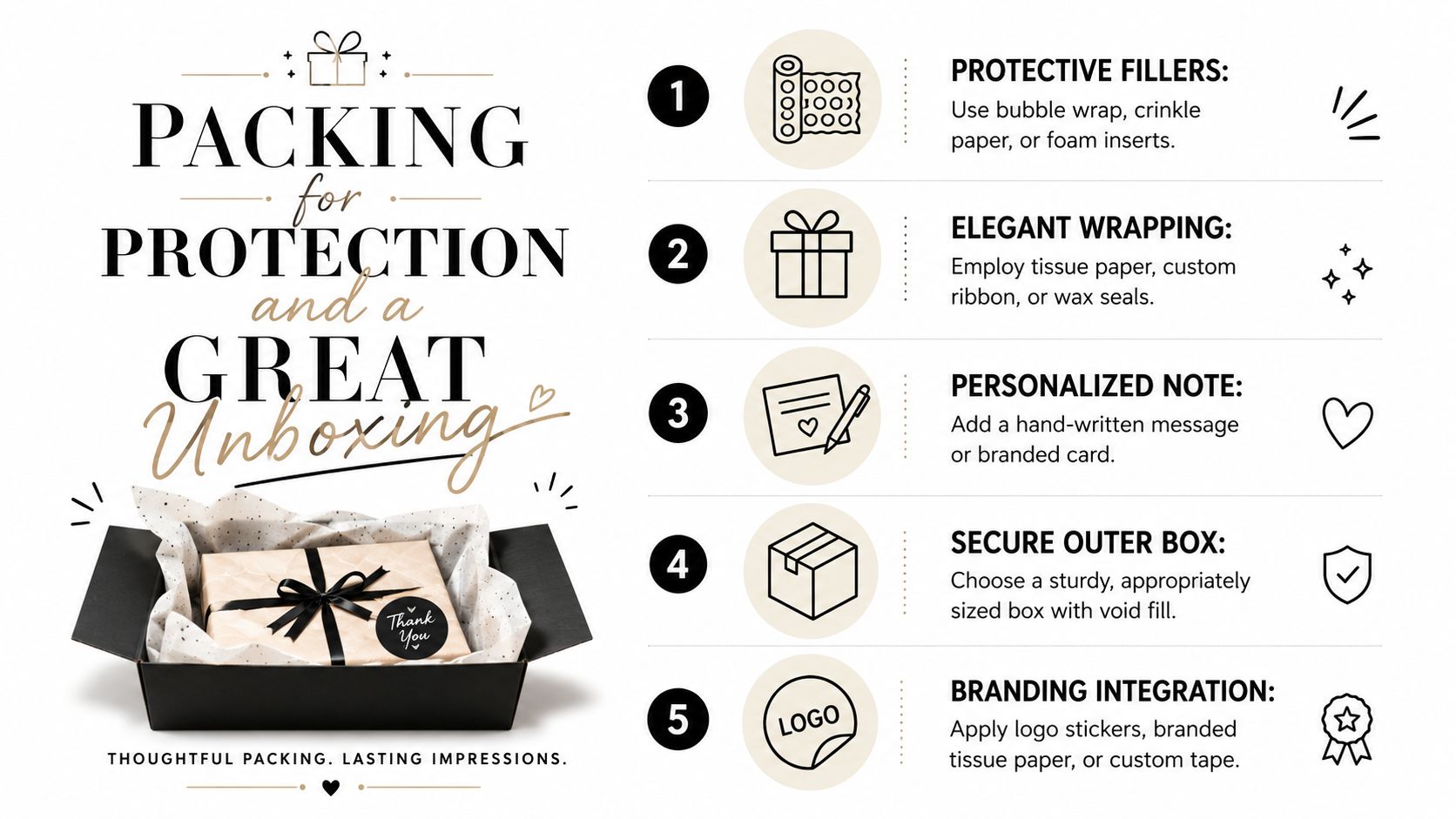 A professional guide showing five steps for packing customer orders for protection and an elegant unboxing experience.