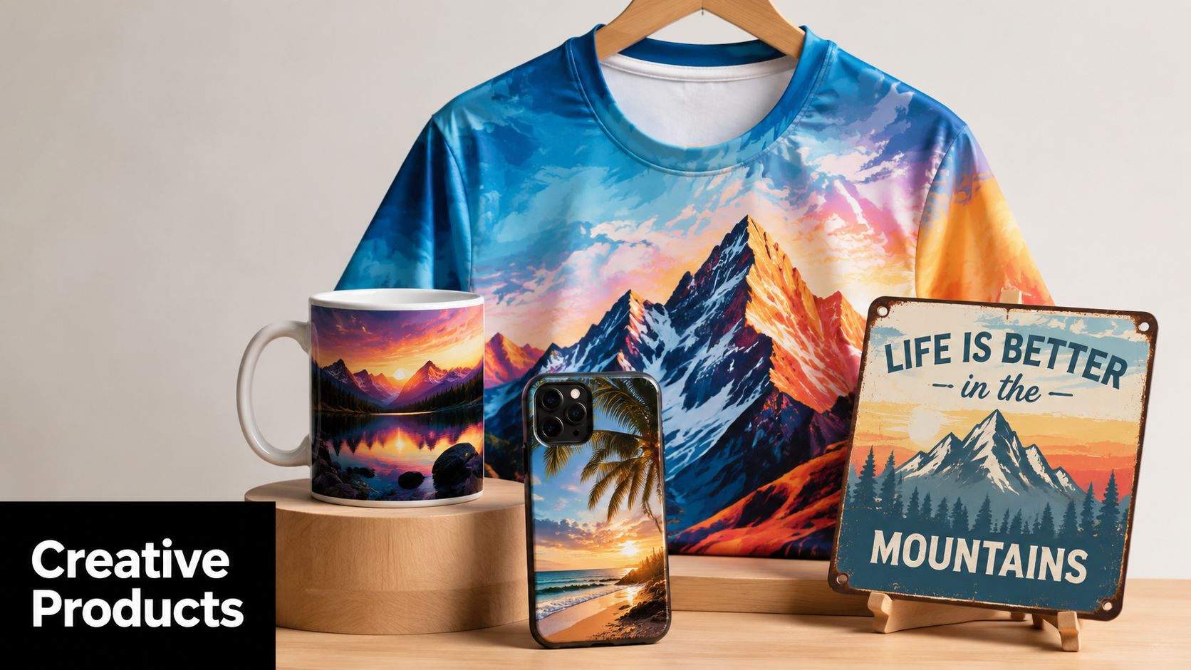 A t-shirt, mug, phone case, and metal sign all featuring beautiful mountain landscape sublimation prints.