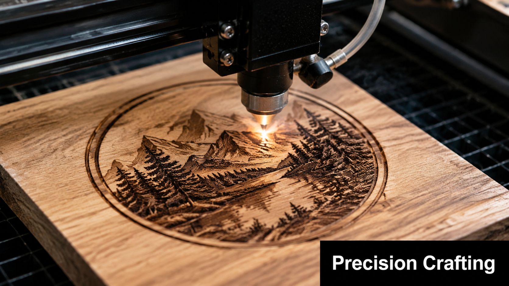A precision laser engraver etching a detailed mountain and forest landscape design onto a piece of wood.