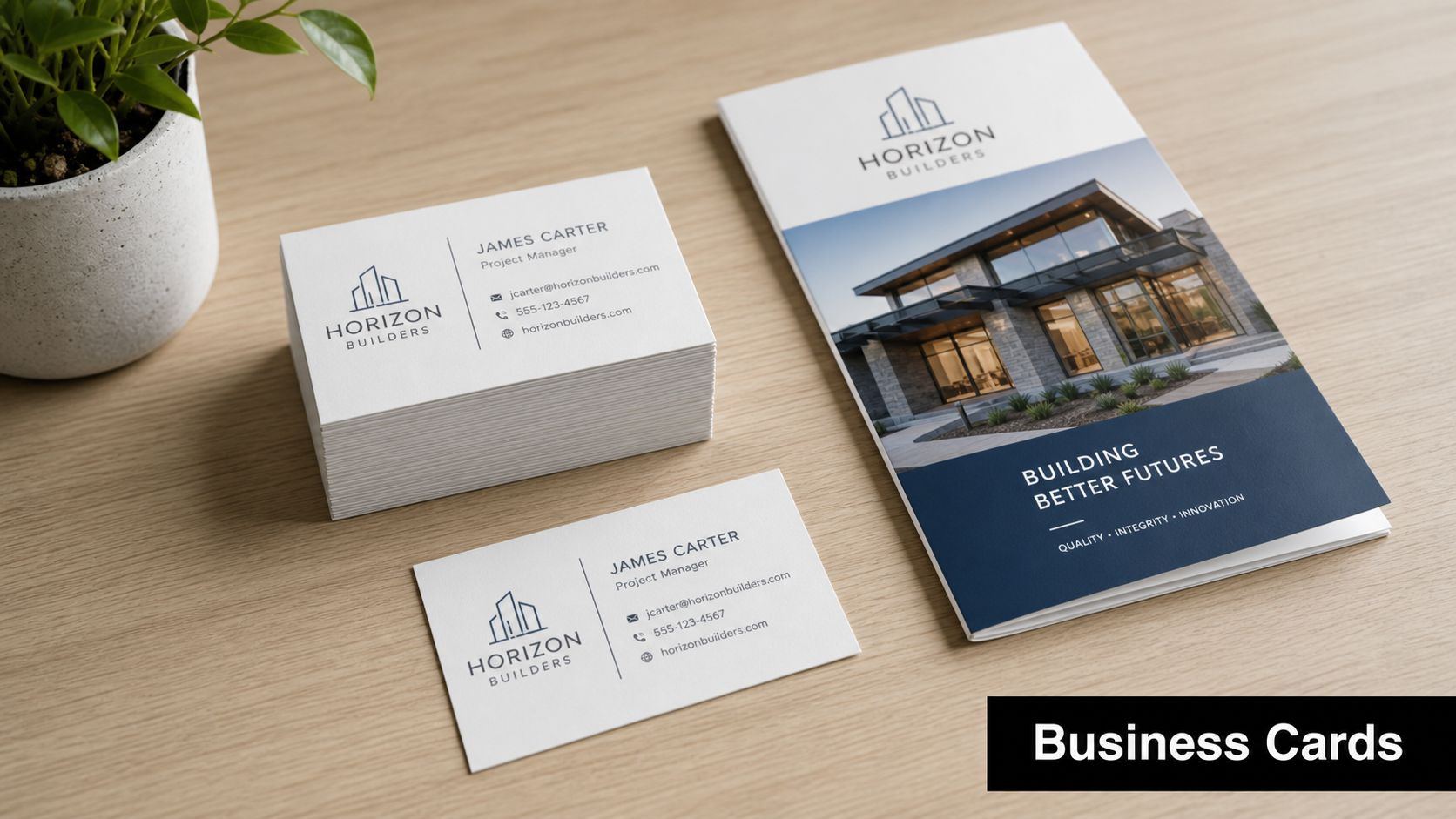 A stack of professional business cards and a company brochure displayed on a wooden office desk.